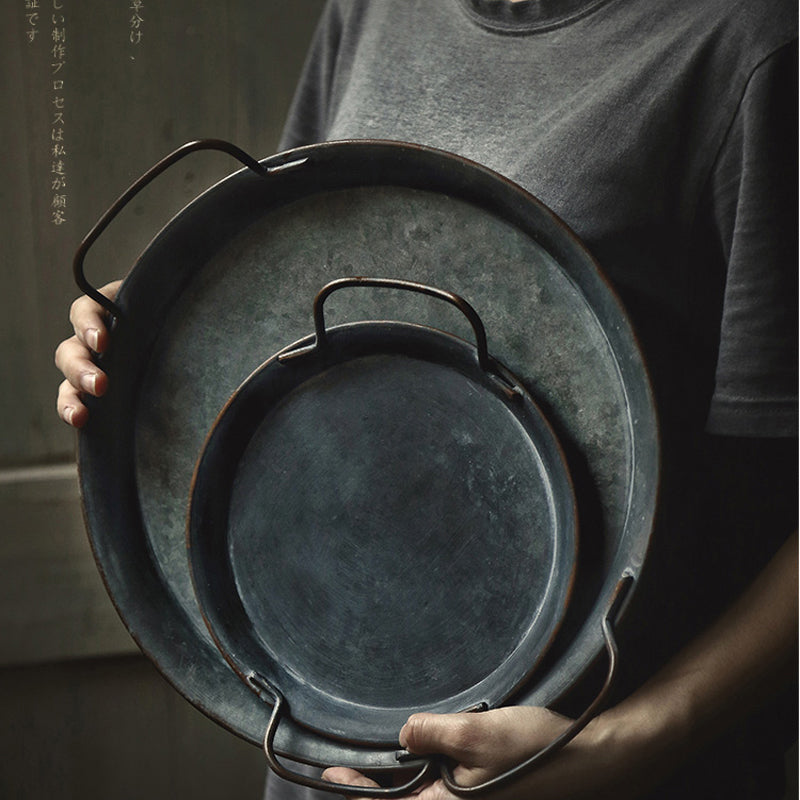 Retro Metal Plate With Handles Handcrafted Round Wrought Vintage Storage Bread Tray