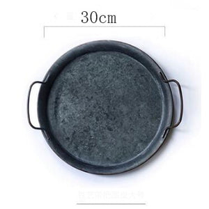 Retro Metal Plate With Handles Handcrafted Round Wrought Vintage Storage Bread Tray
